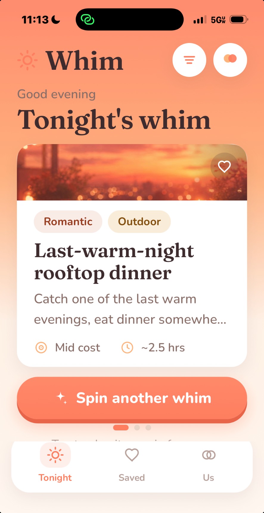 Tonight's whim — a date suggestion in the Whim app