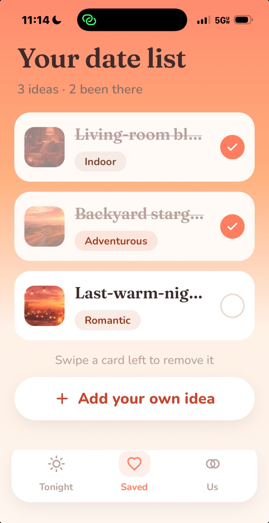 Saved date ideas list in Whim