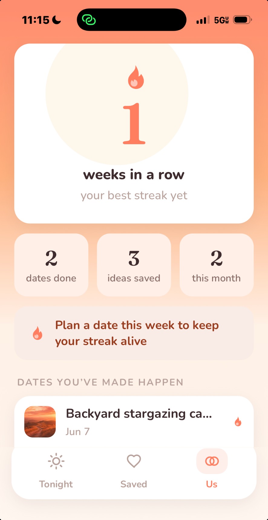 Streak screen showing 7 weeks in a row
